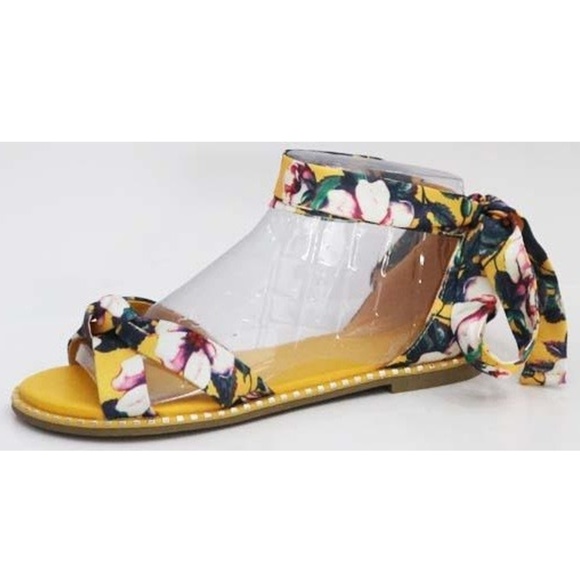 New! Mustard Floral Ankle Tie Sandal Flats - Picture 2 of 4